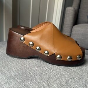 GANNI - leather mule clog with rivets and wooden platform